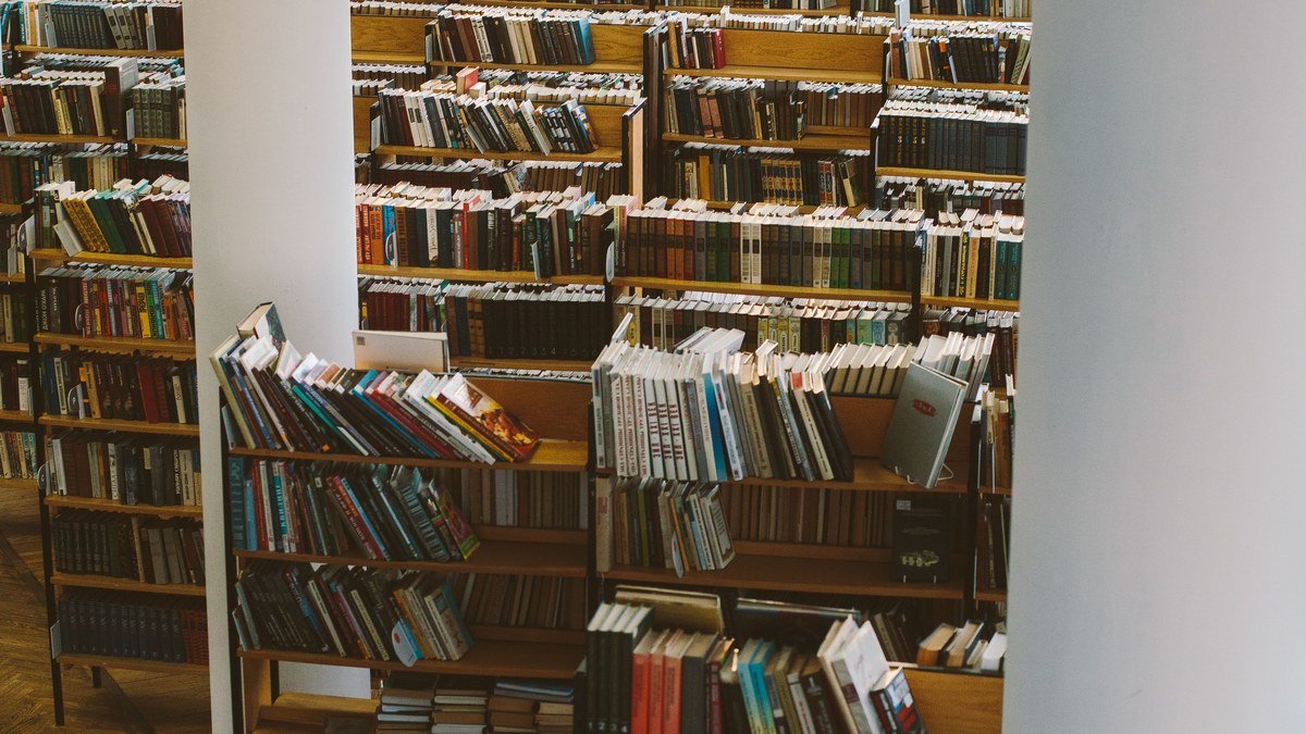 Library shelves full of books and journals, reflecting the team science behind Ward Pettibone's sleep research publications